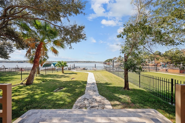 view of yard with a water view