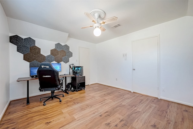 office featuring ceiling fan and wood-type flooring