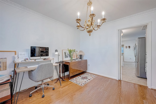 home office with crown molding, light hardwood / wood-style floors, and a notable chandelier