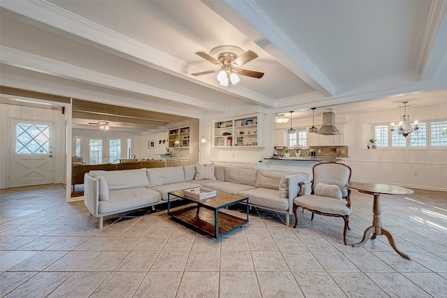 living room with beamed ceiling, light tile patterned floors, a wealth of natural light, and crown molding