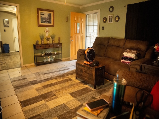 living room featuring light tile patterned floors and crown molding