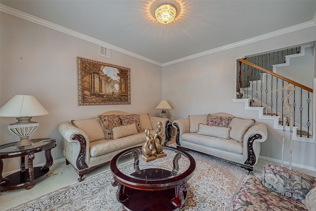 carpeted living room featuring ornamental molding