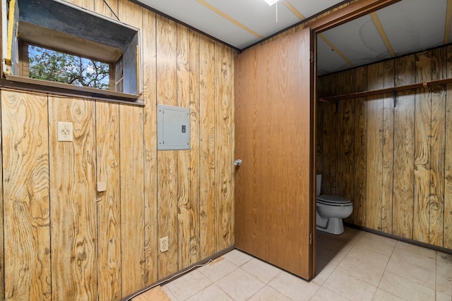 interior space featuring electric panel and wooden walls