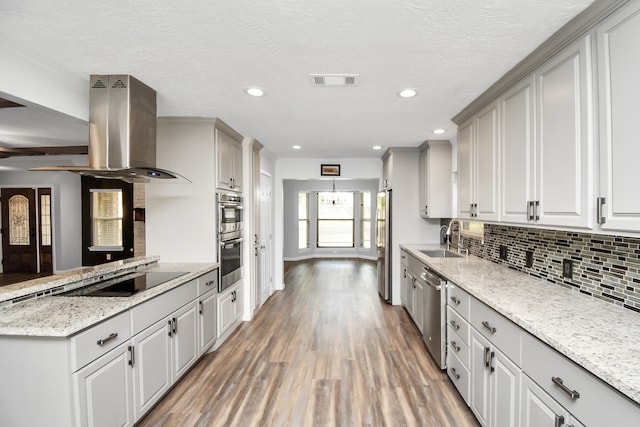 kitchen featuring island exhaust hood, light stone counters, sink, and appliances with stainless steel finishes