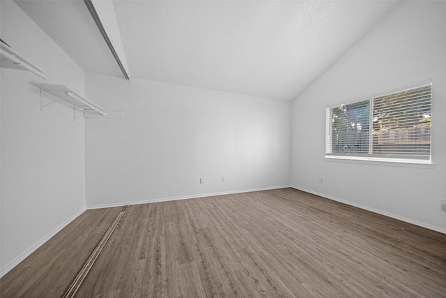 interior space featuring wood-type flooring and high vaulted ceiling