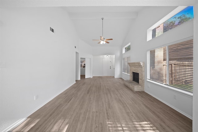 unfurnished living room featuring wood-type flooring, high vaulted ceiling, ceiling fan, and beam ceiling