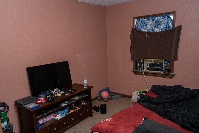 bedroom with light colored carpet