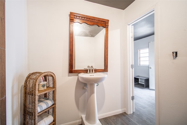 bathroom with wood-type flooring