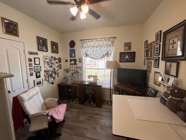 office area featuring dark hardwood / wood-style floors, ceiling fan, and a textured ceiling