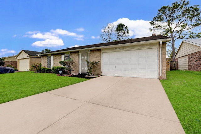 ranch-style house with a front yard and a garage