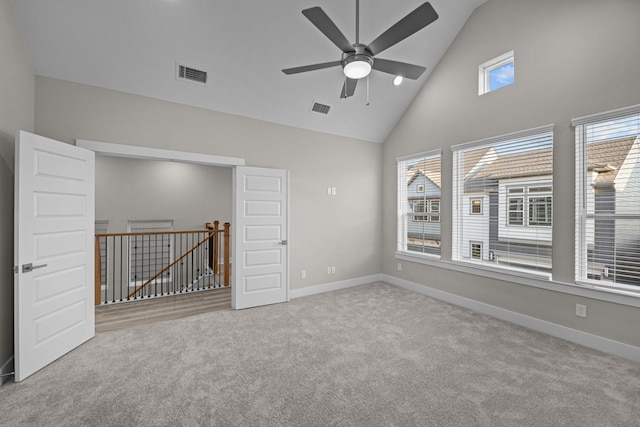 16034 Mason Run Dr, Houston, TX 77079 - spare room featuring high vaulted ceiling, carpet, and ceiling fan