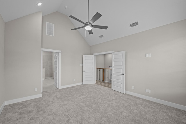 16034 Mason Run Dr, Houston, TX 77079 - unfurnished bedroom featuring high vaulted ceiling, light carpet, ensuite bath, and ceiling fan