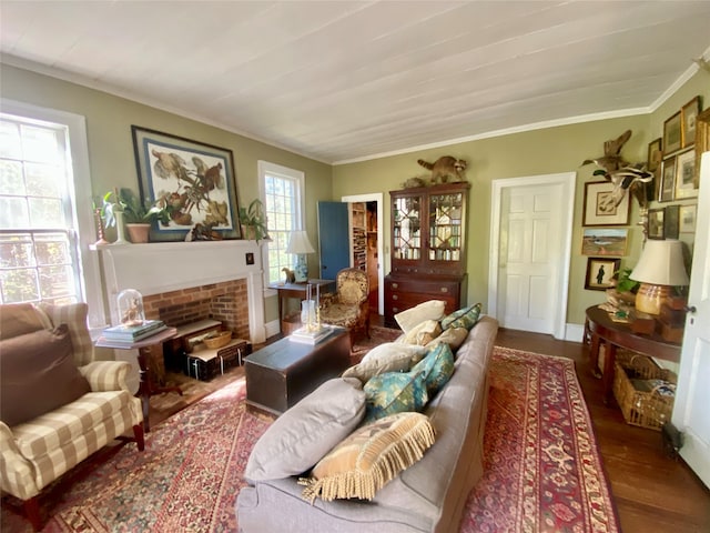 living room featuring ornamental molding and hardwood / wood-style flooring