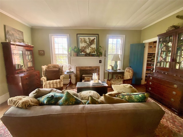 living room featuring a fireplace and ornamental molding