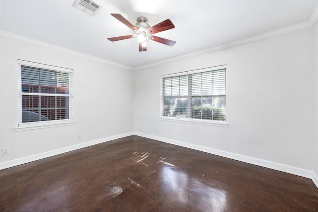 unfurnished room with ceiling fan and ornamental molding