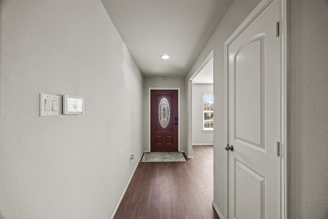 doorway with dark wood-type flooring