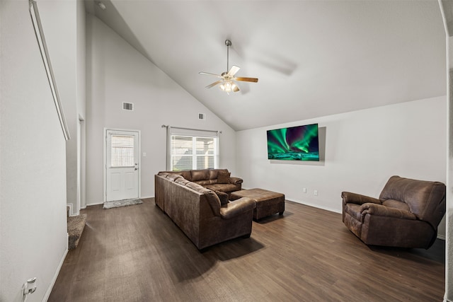 living room with ceiling fan, dark hardwood / wood-style flooring, and high vaulted ceiling