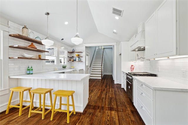 kitchen with white cabinets, high end stainless steel range oven, vaulted ceiling, dark hardwood / wood-style floors, and custom range hood