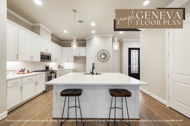 kitchen featuring white cabinets, sink, stainless steel appliances, and a kitchen island with sink