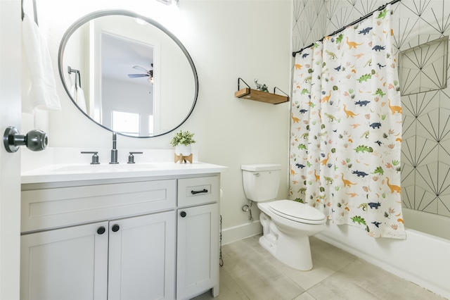 full bathroom with ceiling fan, tile patterned floors, toilet, vanity, and shower / tub combo