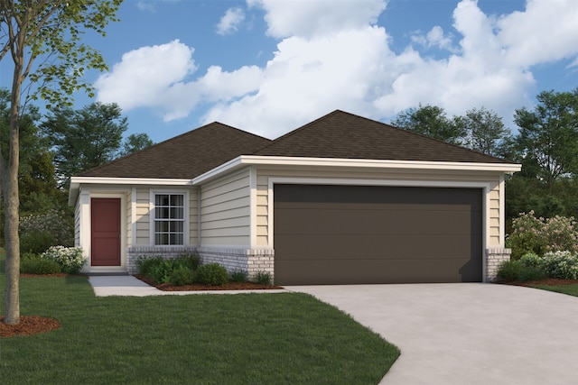 view of front of property featuring a garage and a front lawn