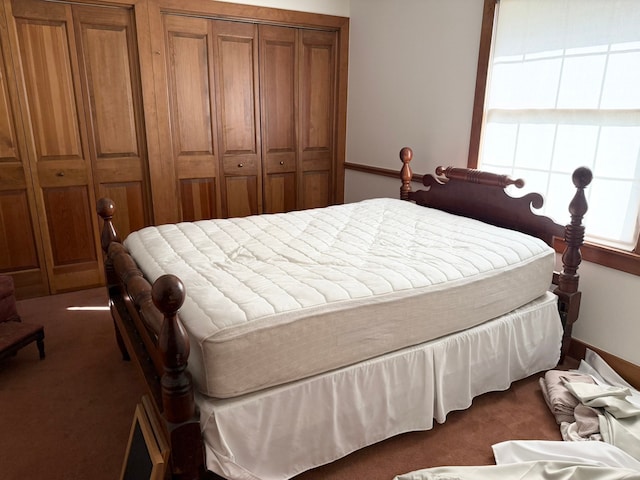 bedroom featuring dark carpet and a closet