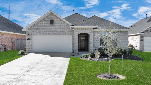 view of front of property featuring a front lawn and a garage