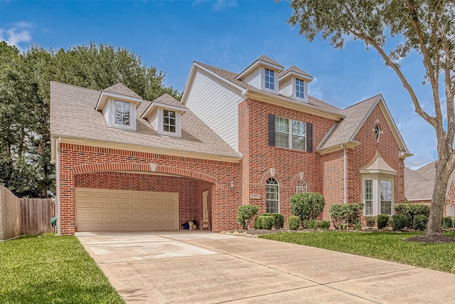 view of front of property featuring a garage and a front lawn