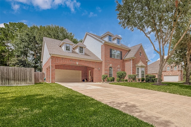 view of front of property featuring a garage and a front lawn