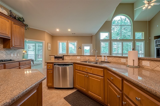 kitchen featuring dishwasher, a wealth of natural light, crown molding, and sink