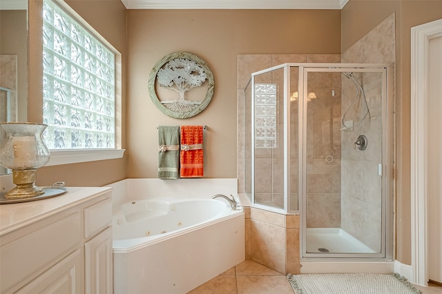 bathroom with tile patterned floors and plus walk in shower