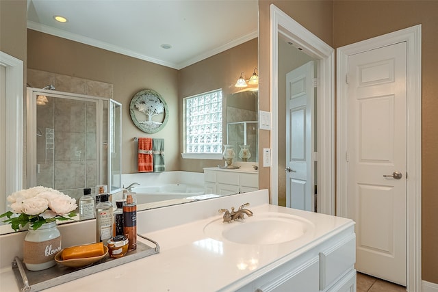 bathroom featuring vanity, tile patterned floors, an enclosed shower, and ornamental molding