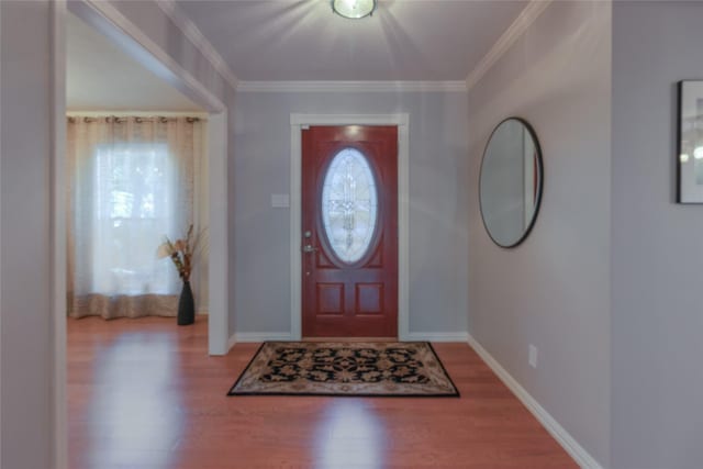 entrance foyer with crown molding and wood-type flooring