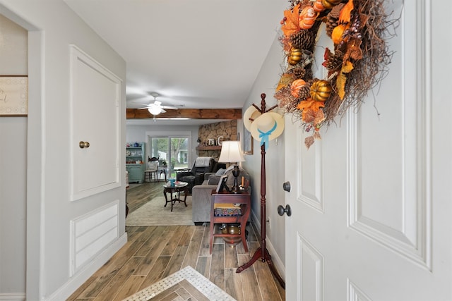 entryway featuring ceiling fan and hardwood / wood-style floors