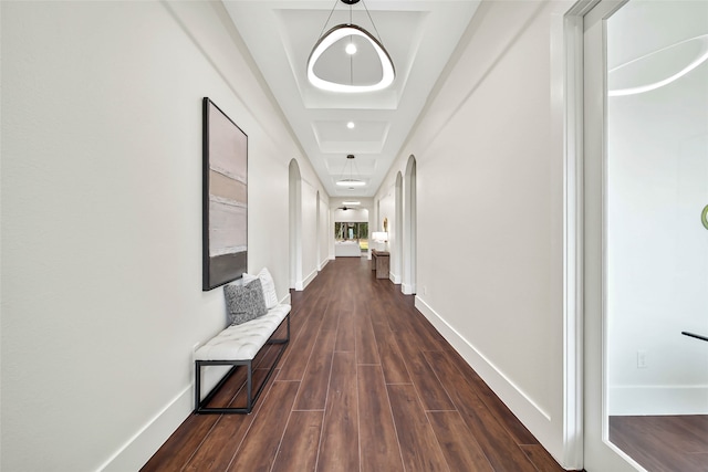 corridor with a tray ceiling and dark hardwood / wood-style floors