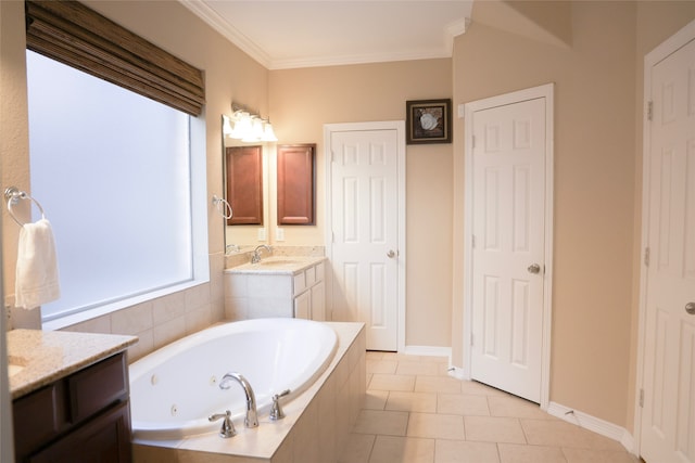 bathroom featuring vanity, tiled bath, tile patterned floors, and crown molding