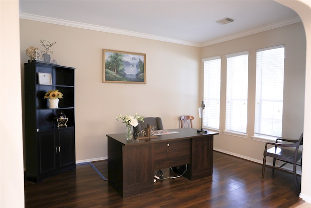 home office featuring dark hardwood / wood-style flooring and crown molding