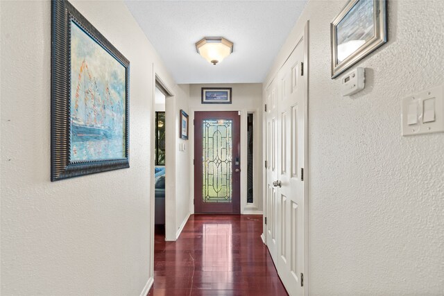 entryway with a textured ceiling and dark wood-type flooring