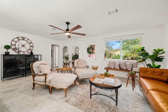 living room with ceiling fan