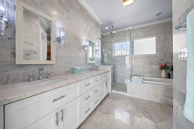 bathroom with vanity, separate shower and tub, tile walls, and ornamental molding