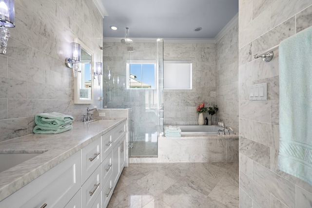 bathroom featuring vanity, separate shower and tub, tile walls, and crown molding