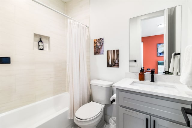 full bathroom with shower / bath combination with curtain, vanity, and toilet