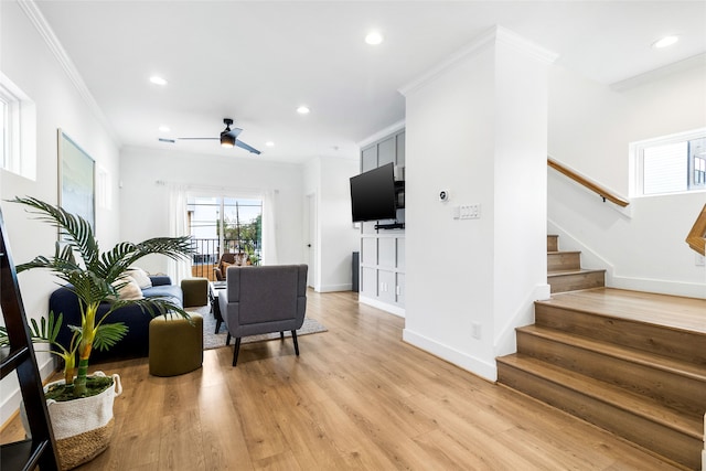 living room with ceiling fan, light hardwood / wood-style flooring, and crown molding