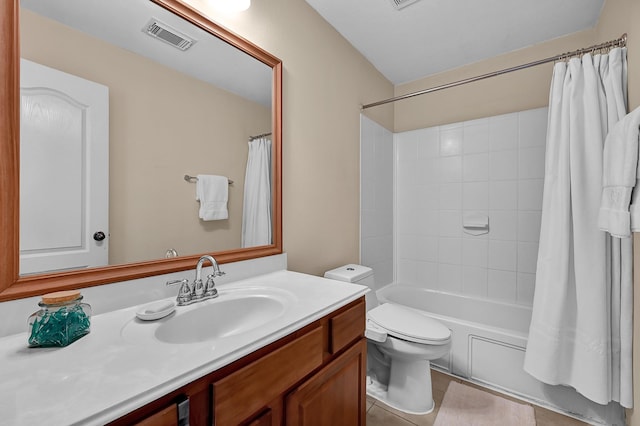 full bathroom with tile patterned flooring, vanity, toilet, and shower / bathtub combination with curtain