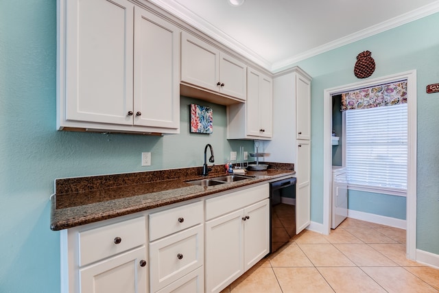 kitchen with crown molding, sink, dark stone countertops, black dishwasher, and white cabinetry