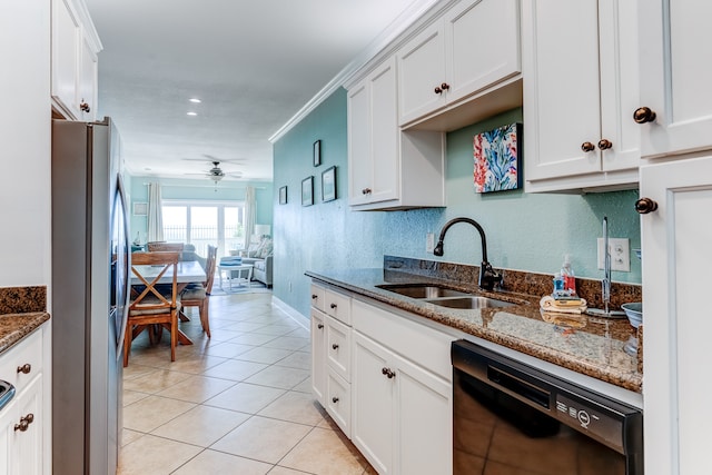 kitchen featuring white cabinets, sink, stainless steel refrigerator with ice dispenser, ornamental molding, and black dishwasher