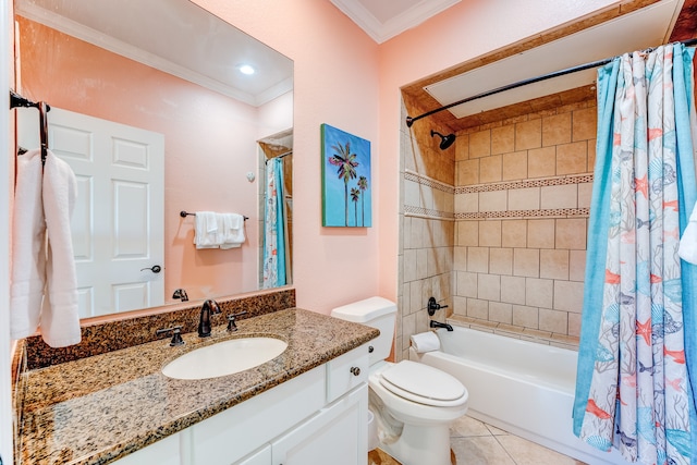 full bathroom with tile patterned flooring, crown molding, shower / bath combination with curtain, toilet, and vanity