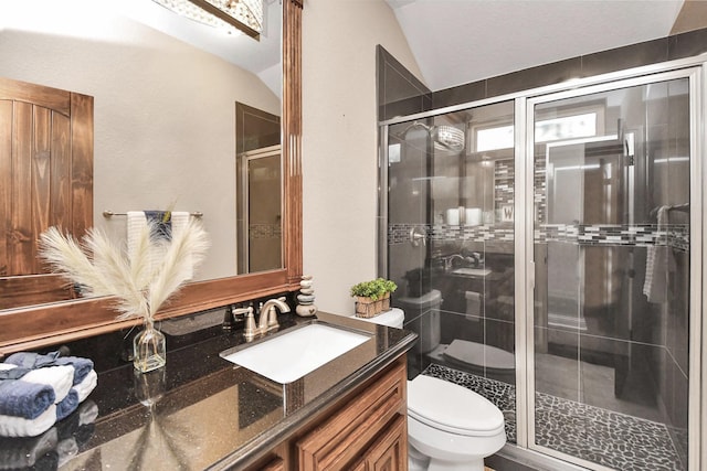 bathroom with vanity, an enclosed shower, vaulted ceiling, and toilet