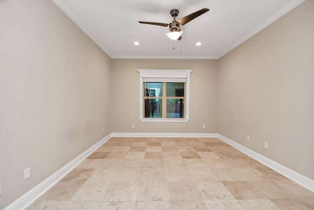 empty room with crown molding and ceiling fan