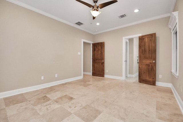 unfurnished bedroom featuring ceiling fan and ornamental molding